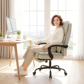 HOMCOM Fotel biurowy z ekoskórą przyjazną zwierzętom, podnóżek, regulacja wysokości, na kółkach, Beżowy