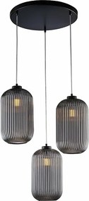 Lampa wisząca Krizia z czarnego lakierowanego żelaza, regulowane kable, klosze z lustrzanego szarego szkła z paskami reliefowymi, 3 światła