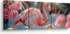 Obraz - Flaming w stawie (z zegarem) (90x30 cm)