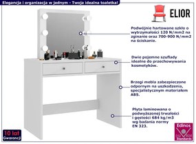 Biała toaletka z lustrem i lampkami LED Nessia 3X