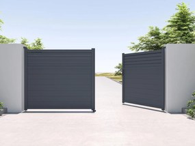 Brama elektryczna rozwierna żaluzjowa z antracytowego aluminium szer. 397 x wys. 181 cm - VIAZO