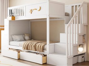 Łóżko piętrowe dziecięce 90 x 200 cm - z 2 szufladami - z drabiną bezpieczeństwa - z biurkiem - biały​ (materac nie jest wliczony w cenę)