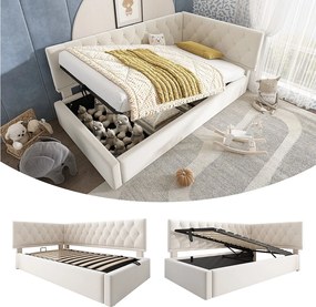 Sofa dziecięca tapicerowana z funkcją spania - 90 x 190 cm - z hydraulicznym schowkiem - welur - beżowa