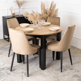 Zestaw Stół Okrągły Rozkładany HARRY 102-142 cm Dąb Artisan/Czarny i 4 Krzesła Tapicerowane BARI Beż Nowoczesne