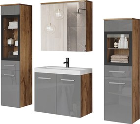 Meble łazienkowe z LED, zestaw wiszący do łazienki z umywalką, 2 słupkami i szafką lustrzaną, korpus kasztan, fronty szary połysk