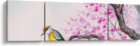 Obraz - ptak na drzewie z różowymi kwiatami (170x50 cm)