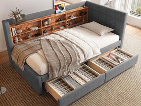 Sofa rozkładana 90×200 cm - z 2 szufladami - port USB + Type C - ze schowkiem - len - szara (materac nie jest zawarty)