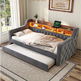 Sofa rozkładana z wysuwanym łóżkiem - 2 x 90 x 190 cm - z półką do przechowywania + diody LED + USB - welur - szara