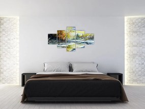 Obraz zimowej rzeki, obraz olejny (125x70 cm)