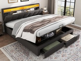 Tapicerowane łóżko ze schowkiem 160x200cm w pościeli z szufladą i diodą LED - zagłówek do przechowywania - podstawa z listew - szary
