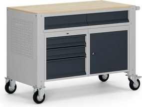 Mobilny stół warsztatowy G9, 1 szafka, 5 szuflad, 1180 x 595 x 865-1130 mm, szary/grafitowy