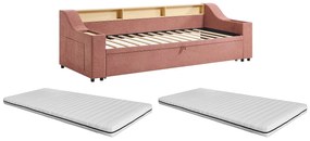 Łóżko wysuwane 2 x 80 x 200 cm ze skrzynią i portem USB - Tkanina - Różowe + Materac - ORAVAYA
