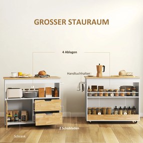 HOMCOM Wózek kuchenny, przenośna wyspa kuchenna, trolley kuchenny z przegrodami, szafką i blatem roboczym, Biały