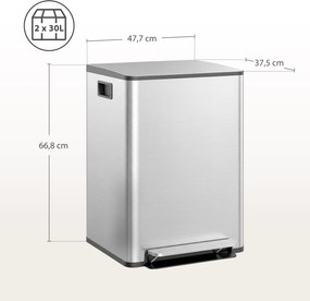 HOMCOM Kosz na śmieci z 2x30 l komorami, pokrywa Soft-Close, odporny na odciski, stal nierdzewna, srebrny | Aosom PL