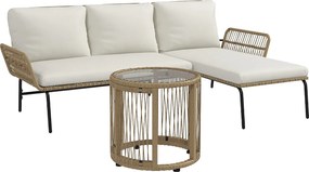 3-częściowy zestaw wypoczynkowy ogrodowy z rattanu – 1 szezlong, sofa 2-osobowa i stolik kawowy z kremowymi poduszkami, meble ogrodowe na patio i balkon