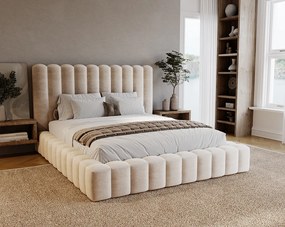 Emporius Elise łóżko z grubą pianką 180x200 - nowoczesne łóżko z pojemnikiem i stelażem, tkanina aksamitna, beżowy (Ikoo 1)