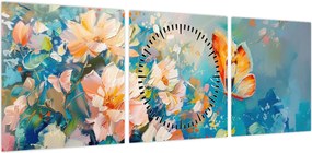 Obraz - Motyl i kwiaty, obraz olejny II. (z zegarem) (90x30 cm)