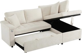 Narożnik w kształcie L z wysuwanym łóżkiem - z miejscem do przechowywania - ładowanie USB - 2 poduszki - Beżowy