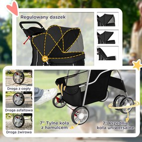 PawHut Wózek dla psa, składany wózek z odblaskami, koszem na zakupy i poduszką dla małych psów do 10 kg, 77x44x102 cm, czarny | Aosom PL