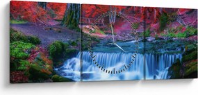 Obraz wodospadu w czerwonym lesie (z zegarem) (90x30 cm)