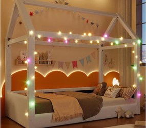 Łóżko domek 90x200cm - z listwą LED - Design dachu - MDF - Beżowy (materac nie jest wliczony w cenę)
