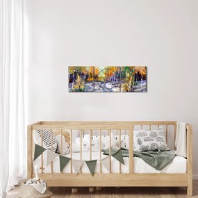 Obraz - Zaśnieżona ścieżka przez las, obraz olejny (z zegarem) (90x30 cm)