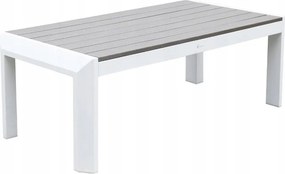 Zestaw mebli ogrodowych biały aluminium sofa fotele stolik drewniane detale