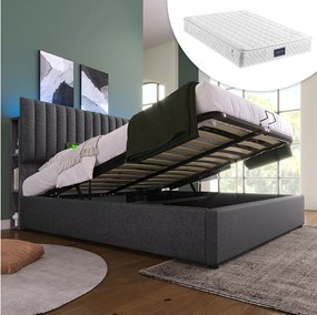 Łóżko tapicerowane dwuosobowe ze schowkiem - 140 x 200 cm - Materac + LED-y + Regulowany zagłówek z USB - len + metal + sklejka + MDF - Szary