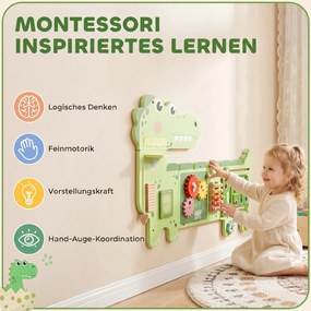 AIYAPLAY Montessori tablica motoryczna drewniana Busy Board Dinozaur ścienna z ksylofonem, zegarem, zębatkami i listwami dźwiękowymi | Aosom PL