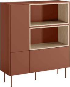 Komoda wysoka Desin 120 cm dwudrzwiowa z szufladą i wnękami - czerwony / ceramic red / dąb nagano
