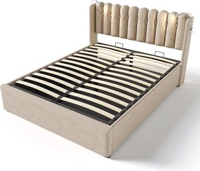 Łóżko ze schowkiem 140 x 200 cm - lampka do czytania i USB - tkanina lniana - kolor naturalny + materac