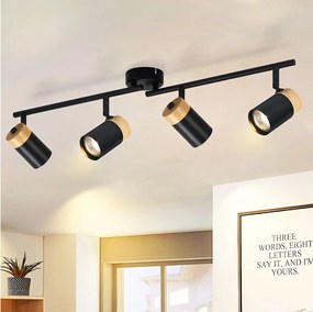 NETTLIFE Lampa sufitowa 4 drewniane plamki GU10 czarna regulowana 330° do salonu sypialni kuchni pokoju dziecięcego bez żarówki