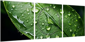Obraz - Liść po deszczu (z zegarem) (90x30 cm)
