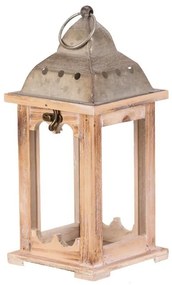 Latarnia drewniana z metalowym daszkiem, wys. 29 cm, kolor naturalny
