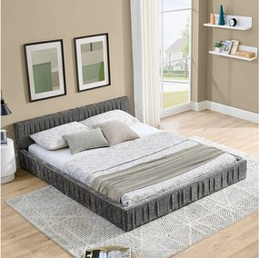 Łóżko podwójne 140x200 cm z tapicerowanym zagłówkiem, szenila ciemnoszara - bez materaca