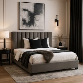 Łóżko Tapicerowane 140x200 cm ze Stelażem Dwuosobowe MARI Welurowe Szare
