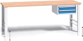 Stół warsztatowy z regulacją wysokości G3, 2000 x 685 x 840-1050 mm, 1x 2 szufladowy kontener, niebieski