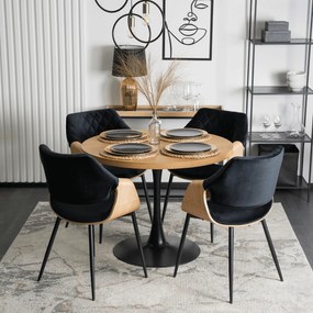 Zestaw Stół Okrągły LINO 100 cm Dąb Złoty/Czarny i 4 Krzesła Tapicerowane z Drewna Giętego DAKOTA Czarne/Dąb Złoty Welurowe Loft