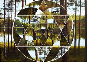 Obraz na szkle - Geometryczny kolaż na tle nordyckich lasów (70x50 cm)