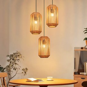Lampa wisząca Nettlife Boho Rattan na stół jadalny – 3 żarówki E27, regulowana wysokość, styl retro, do salonu/sypialni (żarówki nie są dołączone)