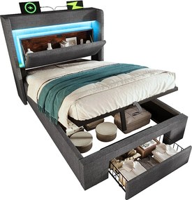 Łóżko tapicerowane hydrauliczne ze schowkiem - 90 x 200 cm - ze schowkiem na pościel w zagłówku + diody LED + USB + szuflada - pościel - szare (z materacem)