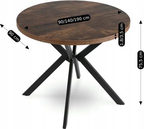 Stół Okrągły Rozkładany LUGO 90-190 cm Dąb Rustykalny/Czarny Loft