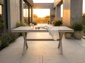 Stół ogrodowy aluminiowy beżowy 150x90x75 cm trwały blat kompozyt drewniany