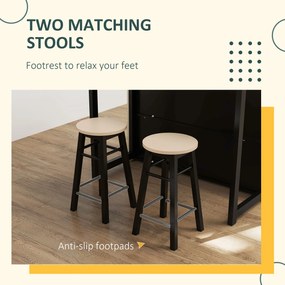 HOMCOM 3-cz. Zestaw Barowy, Bartisch ze Składanym Blatem, 2 Stołki Barowe, 6 Schowków, Czarny+Dąb, 116 x 70 x 89,5 cm