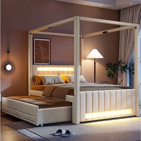 Łóżko tapicerowane z baldachimem - 140 x 200 cm - z łóżkiem wysuwanym 90 x 190 cm + 3 szuflady + oświetlenie LED - len + płyta MDF - beż