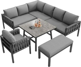 Zestaw mebli ogrodowych - z liną - z galwanizowanej stali, regulowane nogi, narożna sofa, 1 fotel, 1 stołek, szary