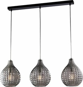 Szyna Diamante z czarnego żelaza i chromu, regulowane kable, klosze z lustrzanego szarego szkła dmuchanego z efektem kryształu, 3 światła