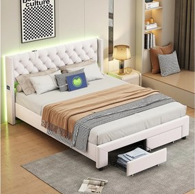 Łóżko Pikowane 160x200 cm z Beżowego Aksamitnego Materiału z Przechowywaniem, Wbudowanymi LED i Portami USB – Elegancki i Funkcjonalny Design