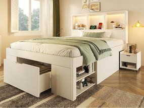 Łóżko pojedyncze 90x200cm - z oświetleniem LED i USB-C - z miejscem do przechowywania i mobilnym stolikiem nocnym - Biały (materac nie jest wliczony w cenę)