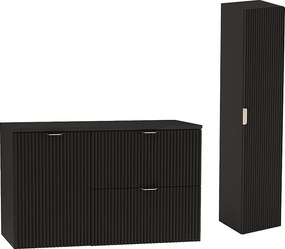 Czarny Zestaw do Łazienki 100cm Szafka Blat Czarny Szafka z Koszem Słupek Ryflowane Fronty